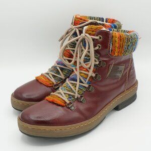 Rieker Felicitas Oxblood Leather Knit Collar Lace-Up Boots - EU 42 / US 10-10.5